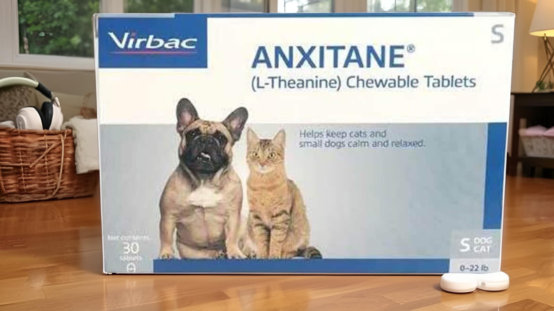 Virbac ANXITANE chicken-flavored chewable tablets shown for easy administration and stress relief in pets