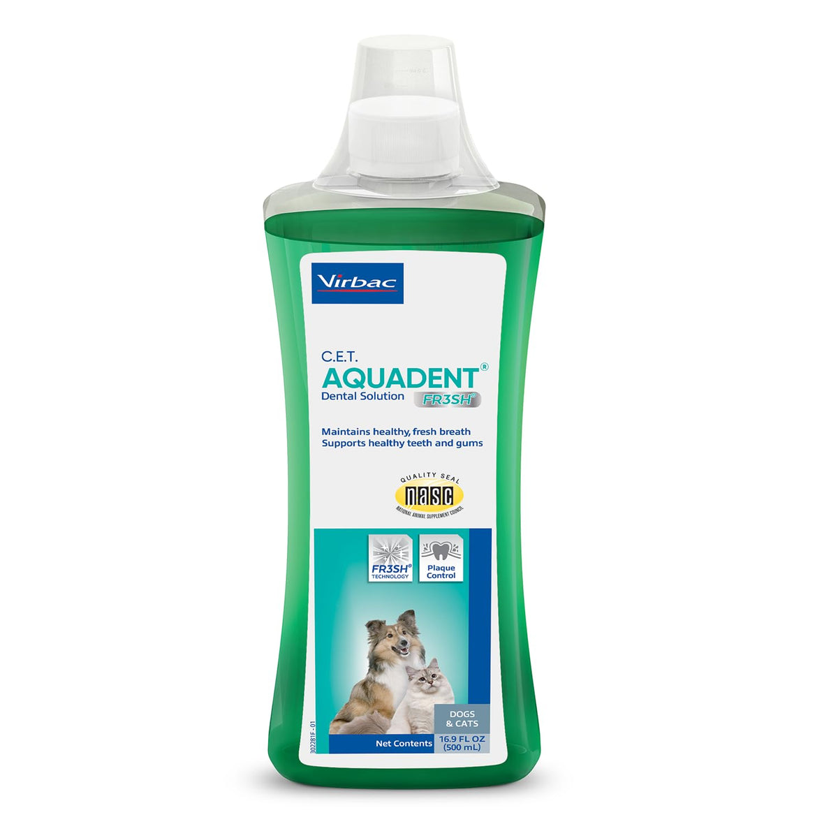 Virbac C.E.T. Aquadent Fr3sh dental solution bottle for easy pet care.