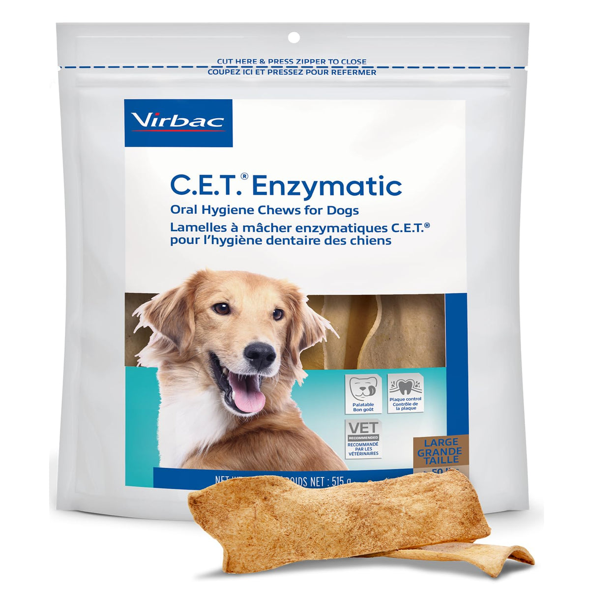Virbac C.E.T. enzymatic chews in packaging promote easy daily dental care for dogs.