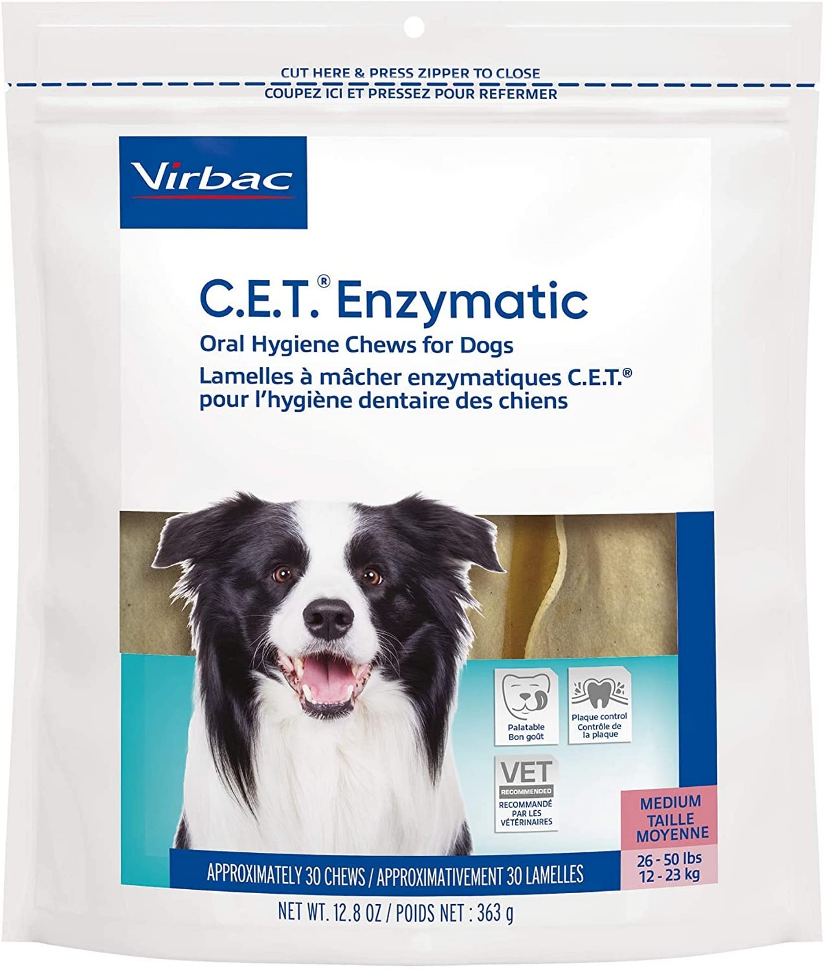 Virbac C.E.T. enzymatic dog chews packaging promotes daily dental care.
