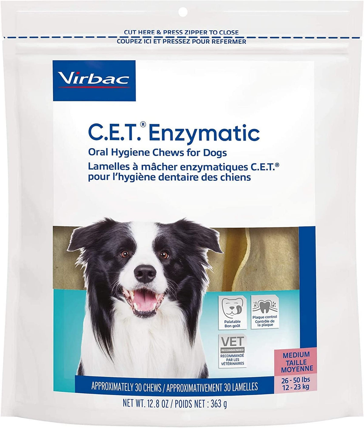 Virbac C.E.T. enzymatic dog chews packaging promotes daily dental care.