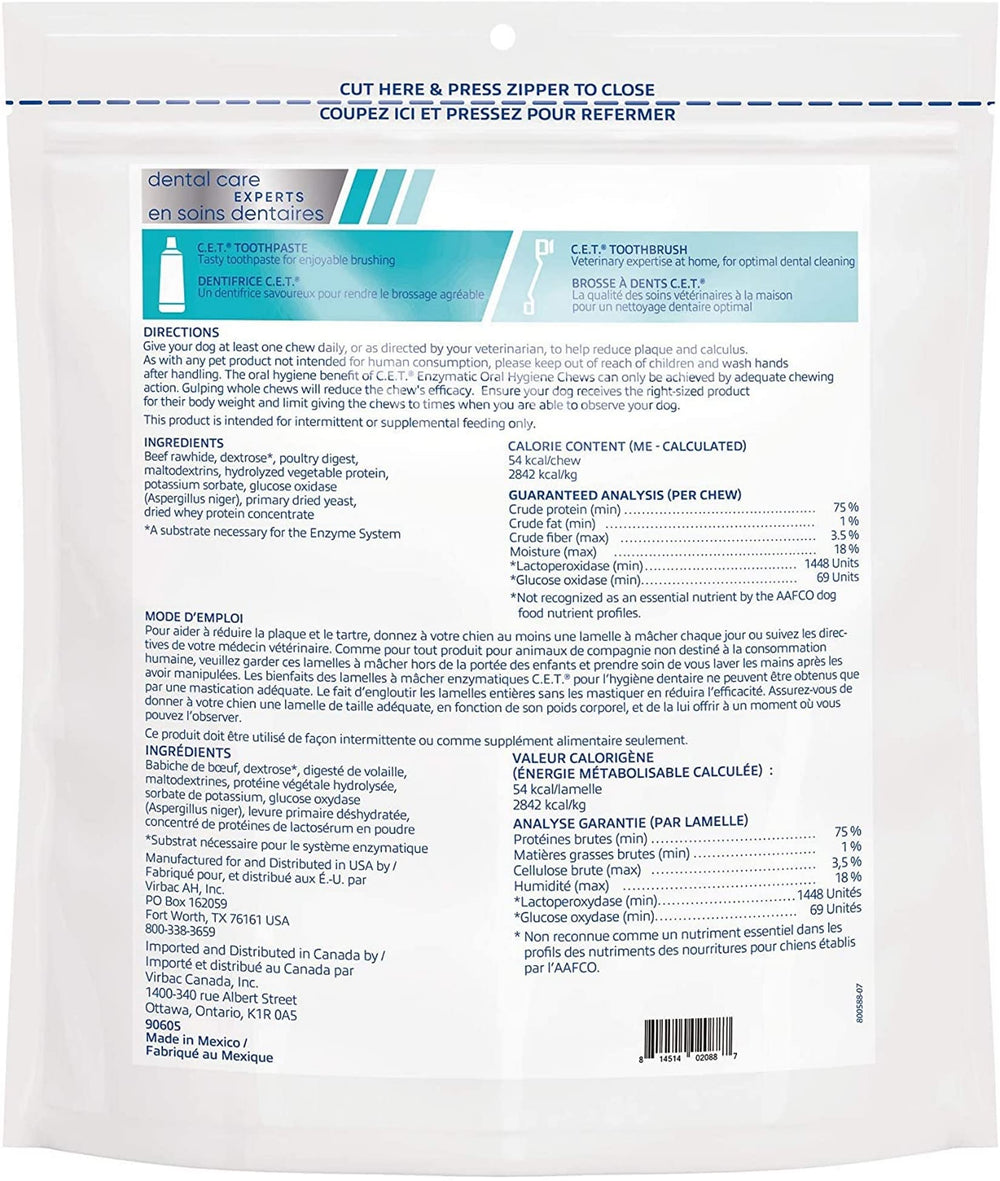Poultry-flavored Virbac C.E.T. enzymatic dog chews for easy daily use.