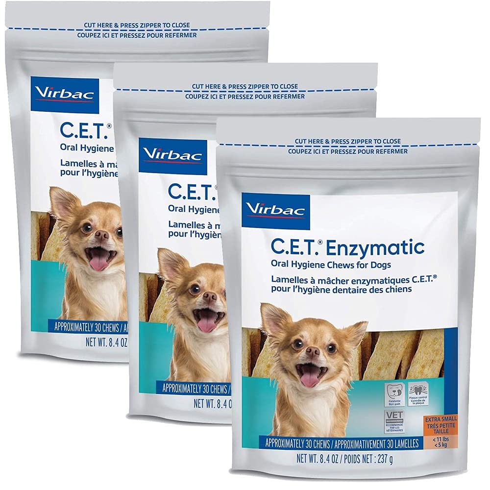 Virbac C.E.T. enzymatic chews for petite dogs packaging showing texture for tartar control