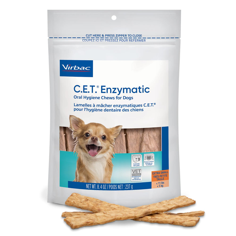 Virbac CET enzymatic chews for dogs—front view highlighting dental care and fresher breath.
