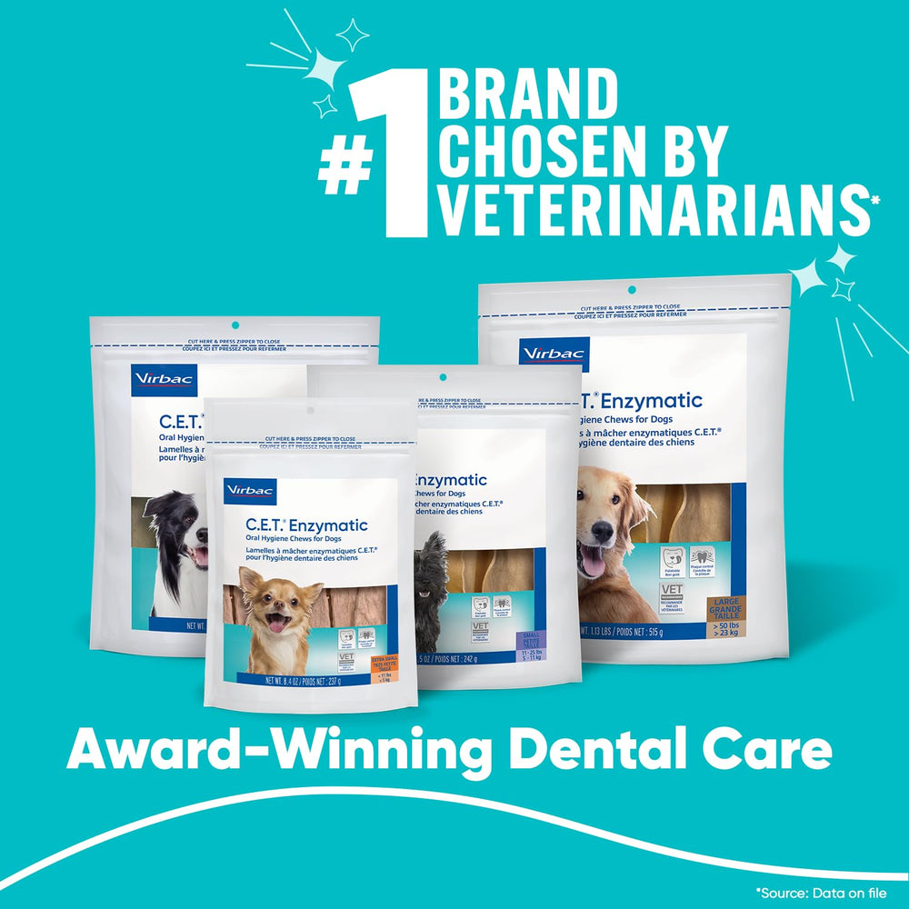 Virbac CET enzymatic chew texture close-up shows dual-enzyme action for tartar control.