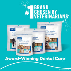 Virbac CET enzymatic chew texture close-up shows dual-enzyme action for tartar control.