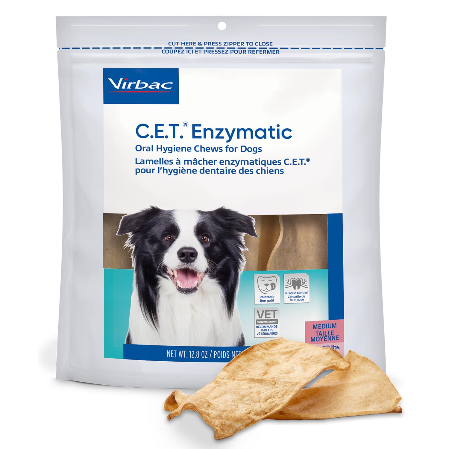Virbac C.E.T. enzymatic chews packaging showcases dual-enzyme system for plaque control.