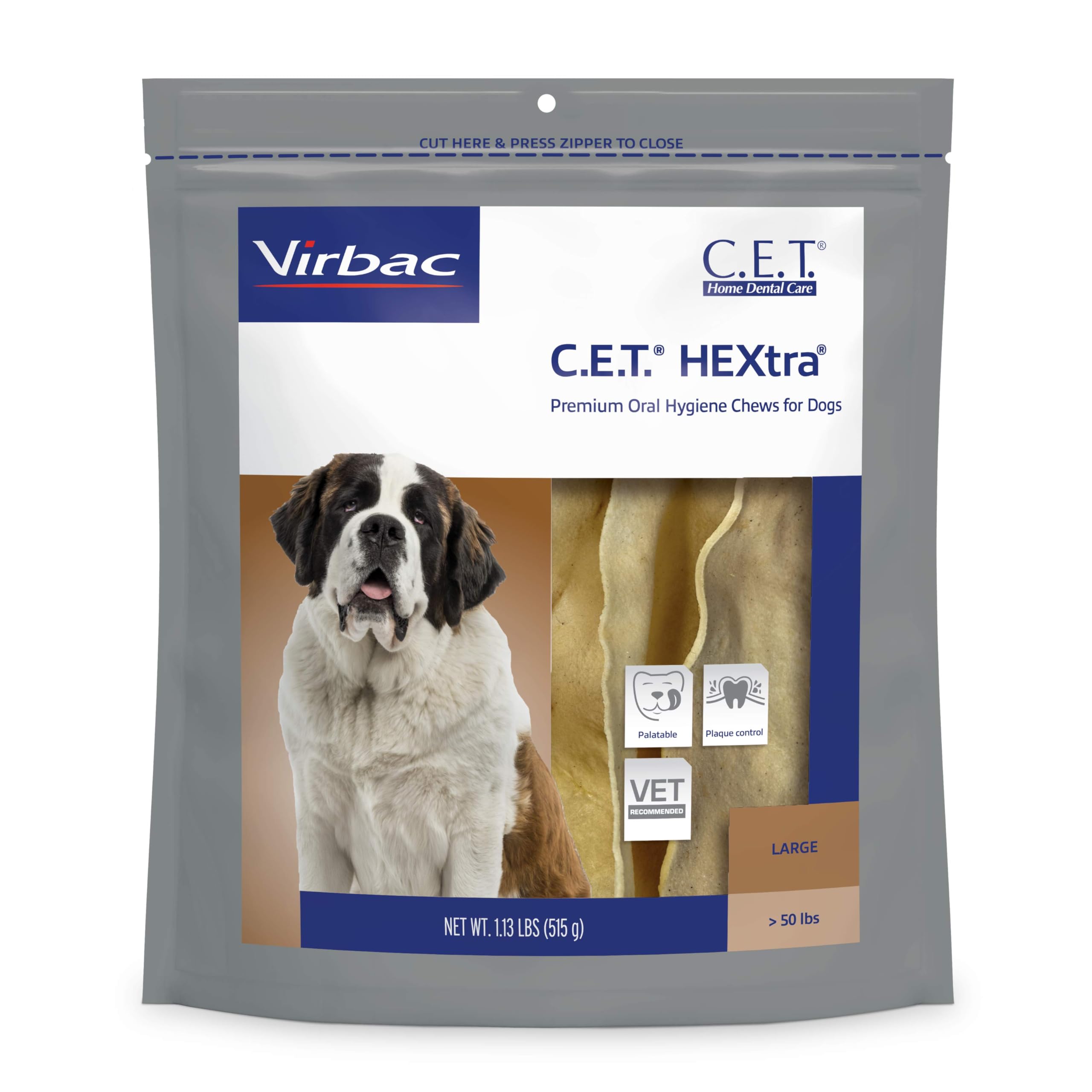 Virbac CET HEXtra premium chews closeup for dog teeth cleansing and fresher breath.