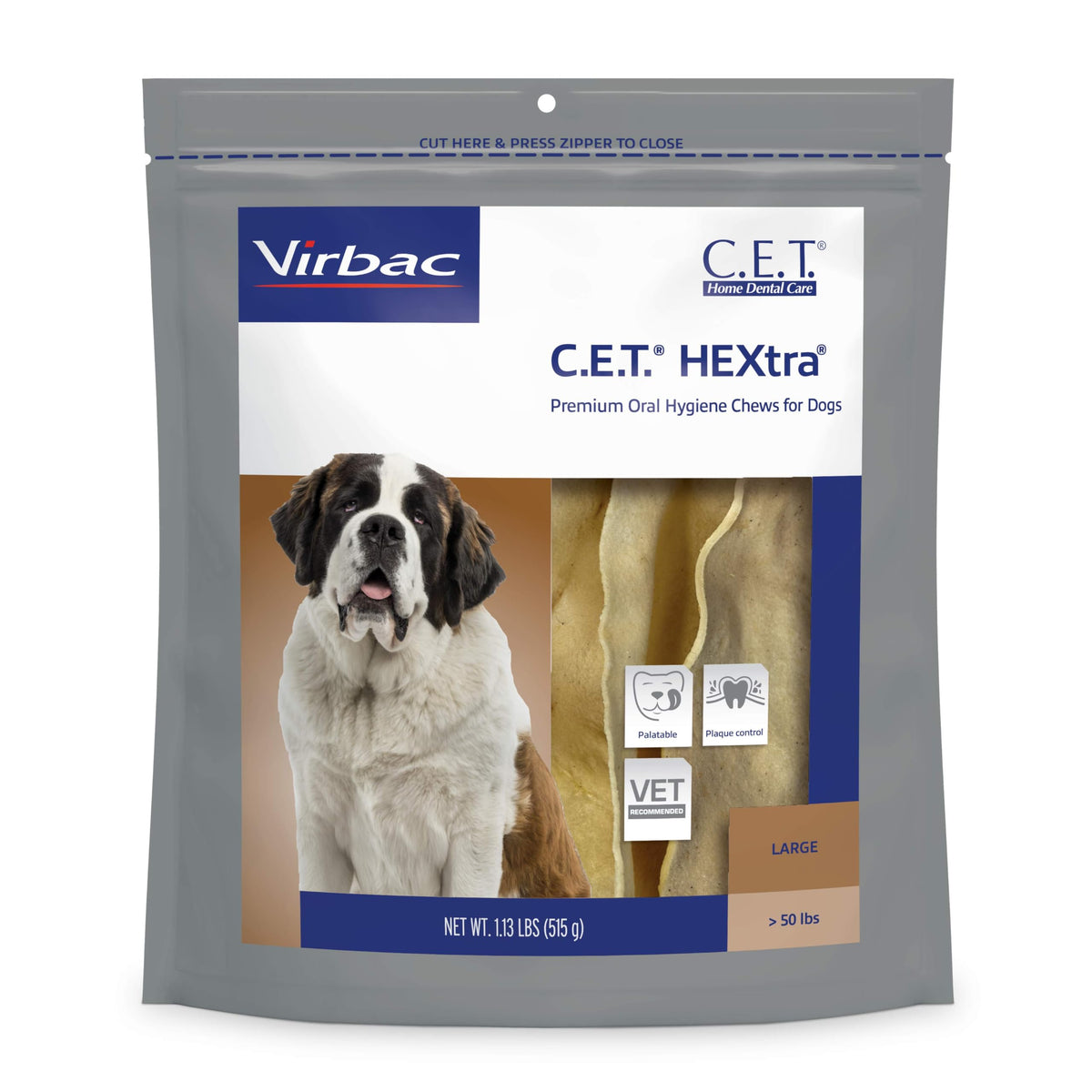 Virbac CET HEXtra premium chews closeup for dog teeth cleansing and fresher breath.