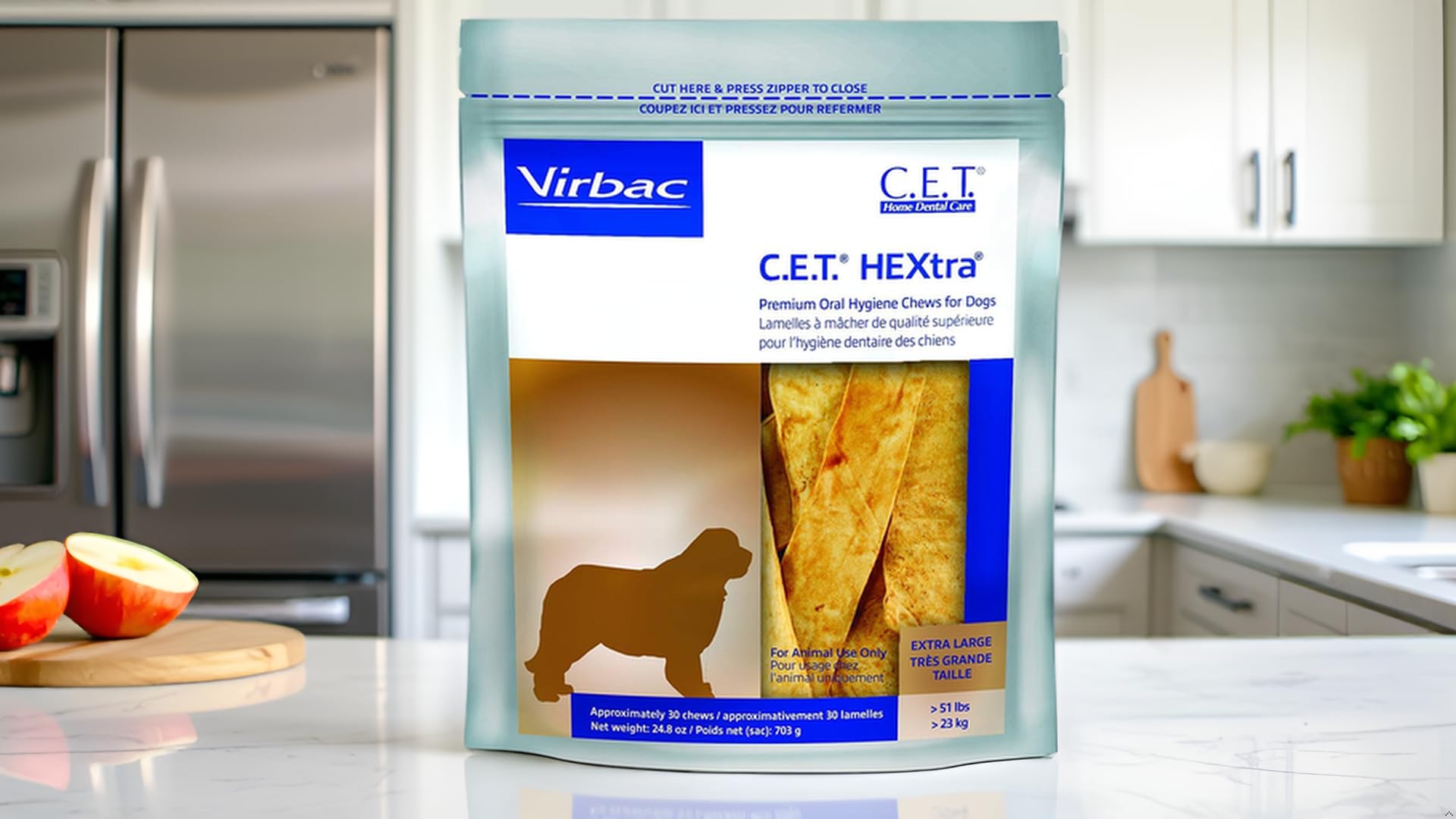 Virbac CET HEXtra chews in use by a dog during a daily oral care routine.