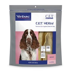 Virbac C.E.T. HEXtra Premium chews packaging ready for daily dental care.