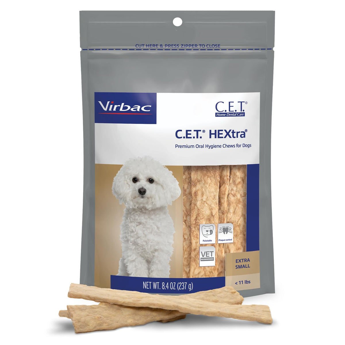 Virbac CET HEXtra chews for small dogs under 11 lbs shown in packaging