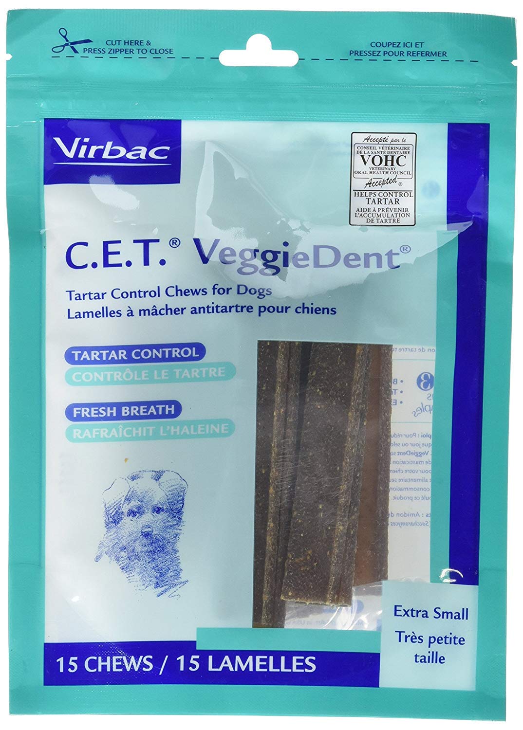 Virbac C.E.T. VeggieDent Extra Small 15-count bag promotes fresh breath for dogs.