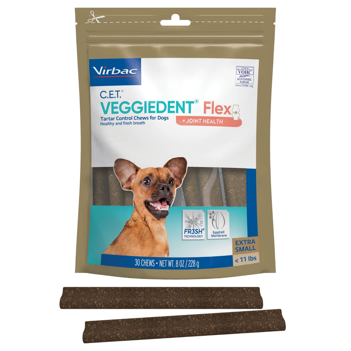 Virbac C.E.T. VeggieDent Flex packaging for extra small dogs promotes easy dental care.