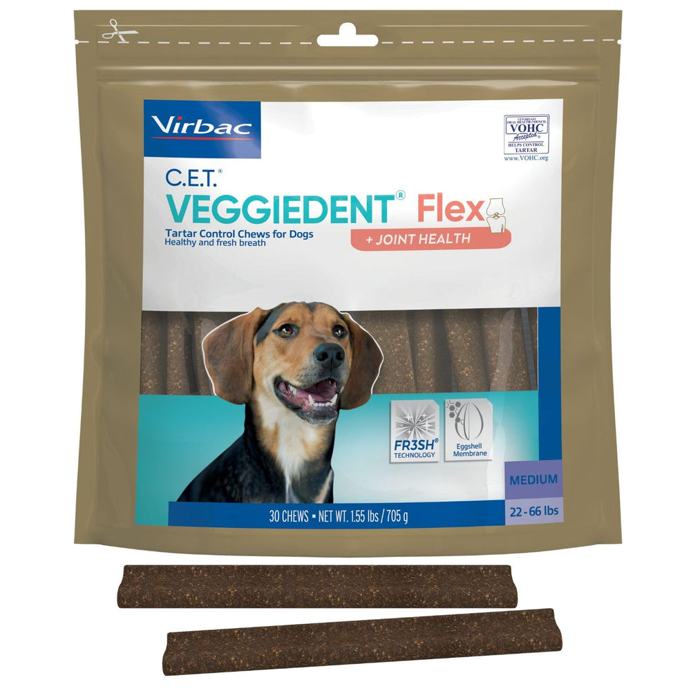 Virbac C.E.T. Veggiedent Flex chew front-to-back cleaning action may reduce tartar.