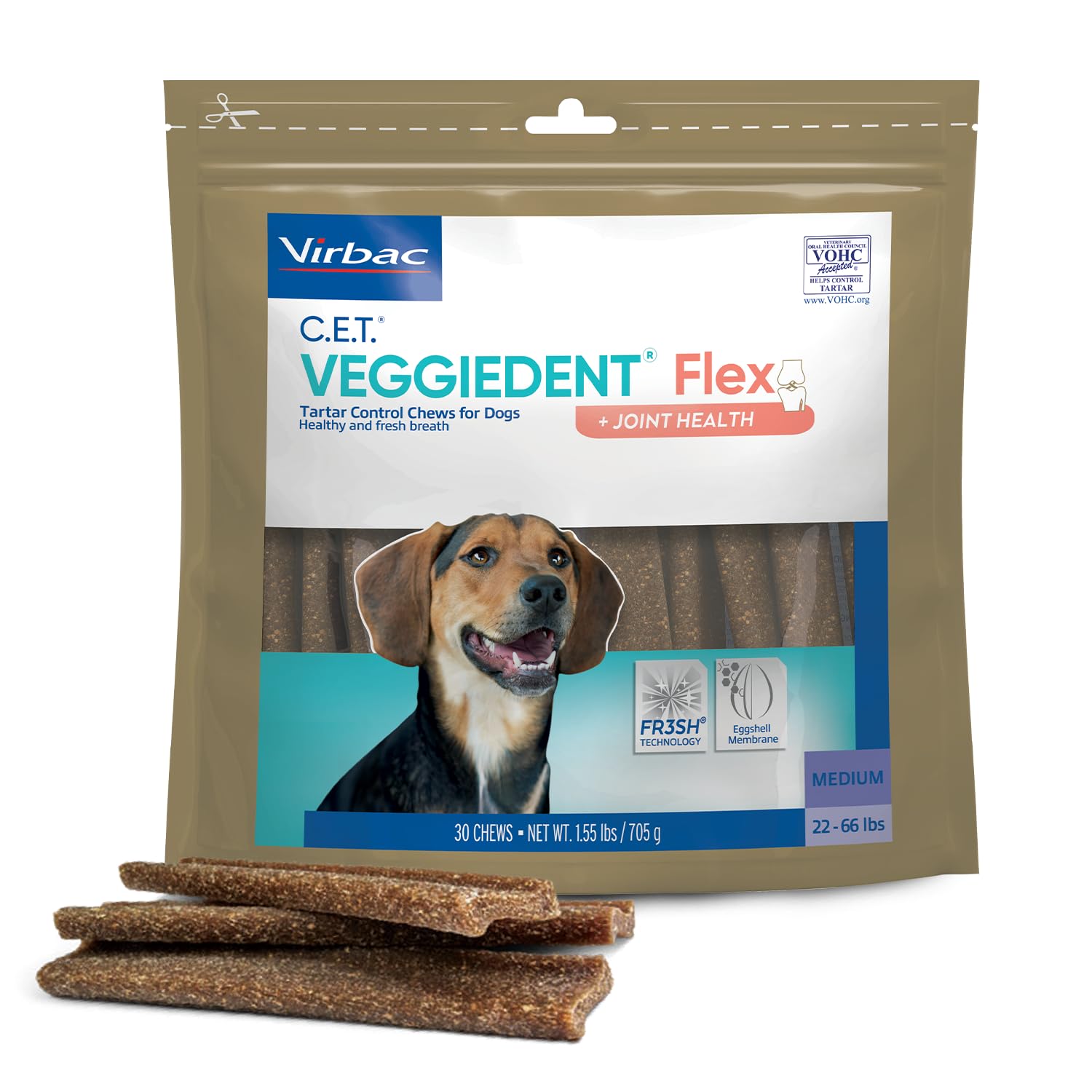 Virbac Veggiedent Flex chew includes prebiotic for gut well-being.