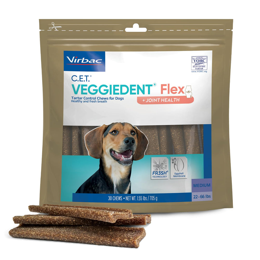 Virbac Veggiedent Flex chew includes prebiotic for gut well-being.