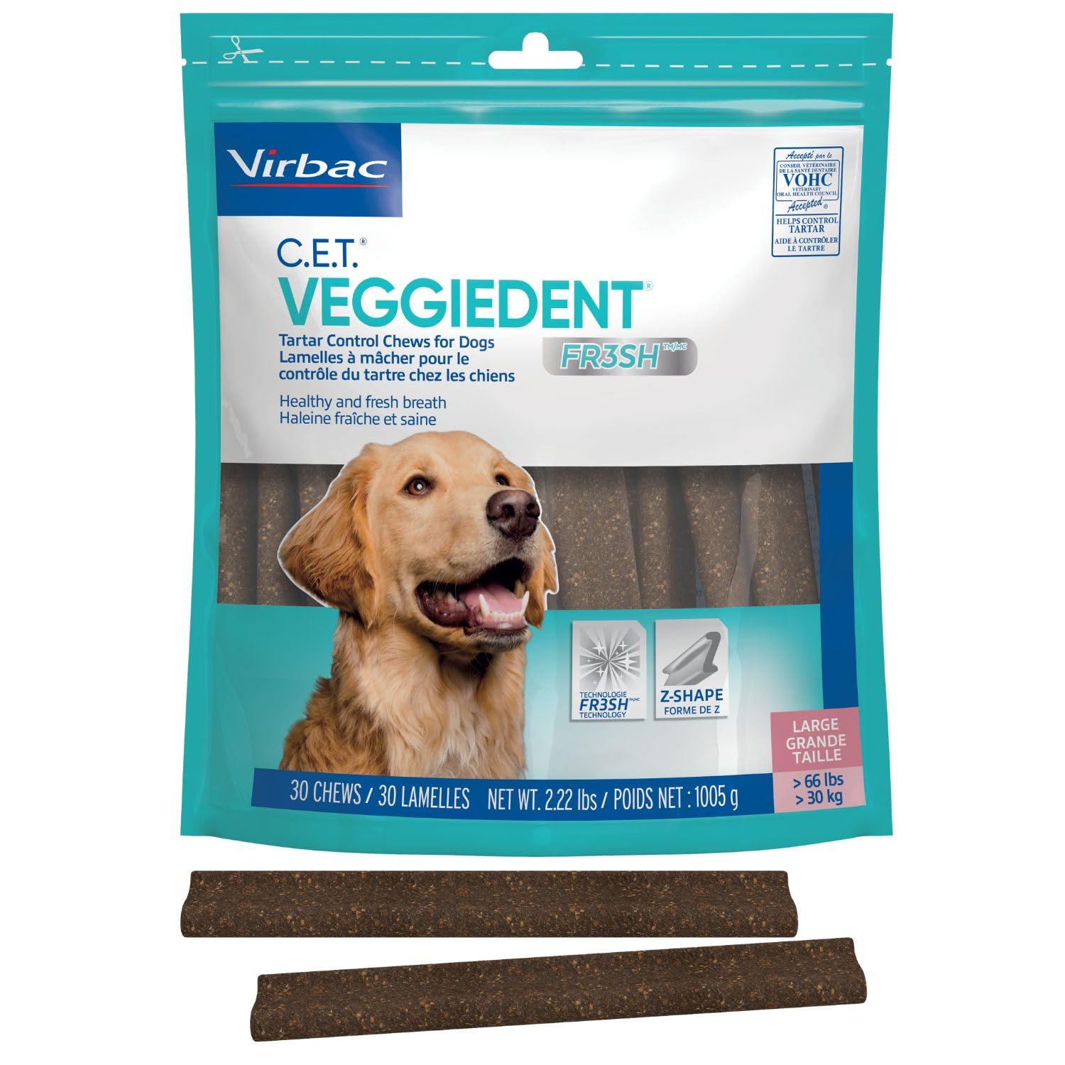 Virbac CET Veggiedent FR3SH packaging for large dogs supports daily dental care.