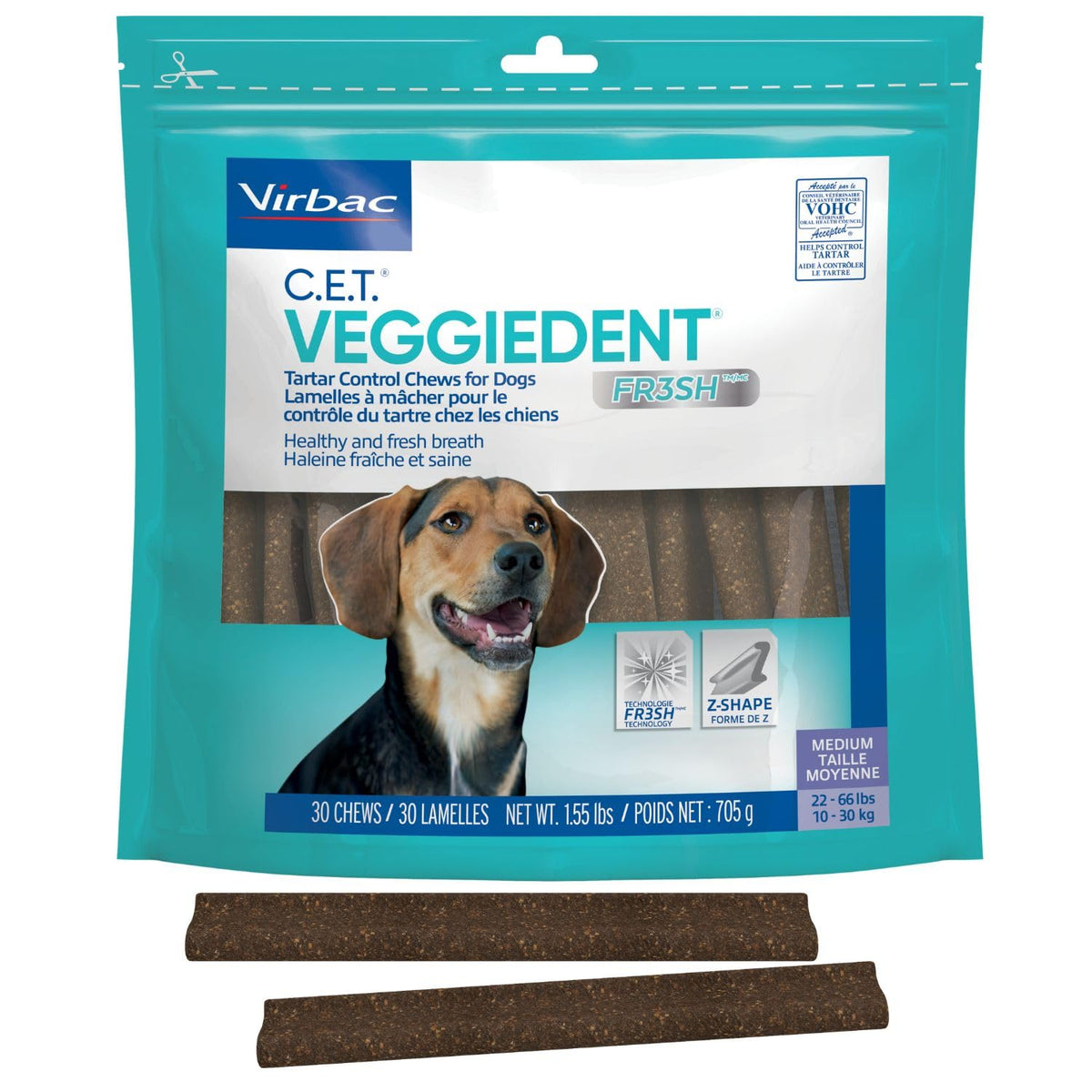 Virbac CET VEGGIEDENT FR3SH chews in pack front view for daily dental cleaning.