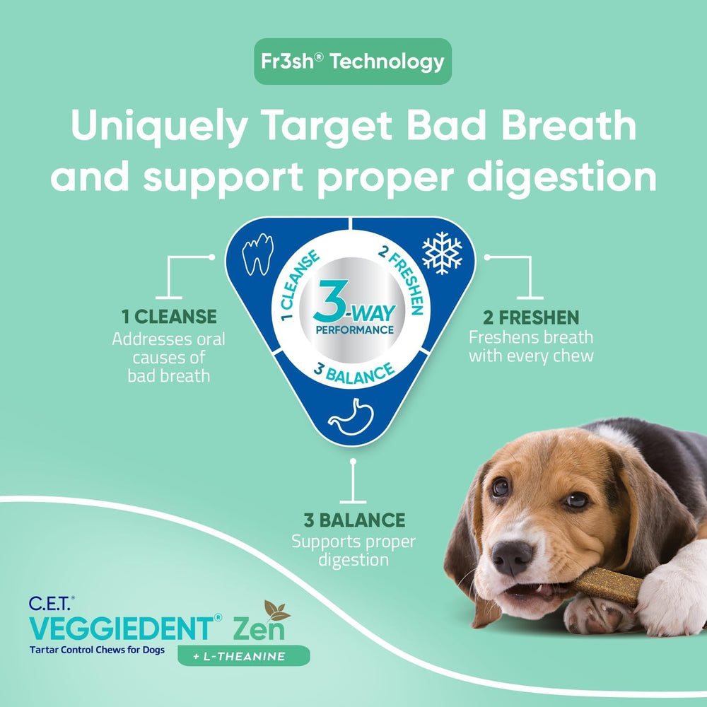 Virbac C.E.T. VeggieDent Zen digestive-support chew aids gut-friendly digestion.