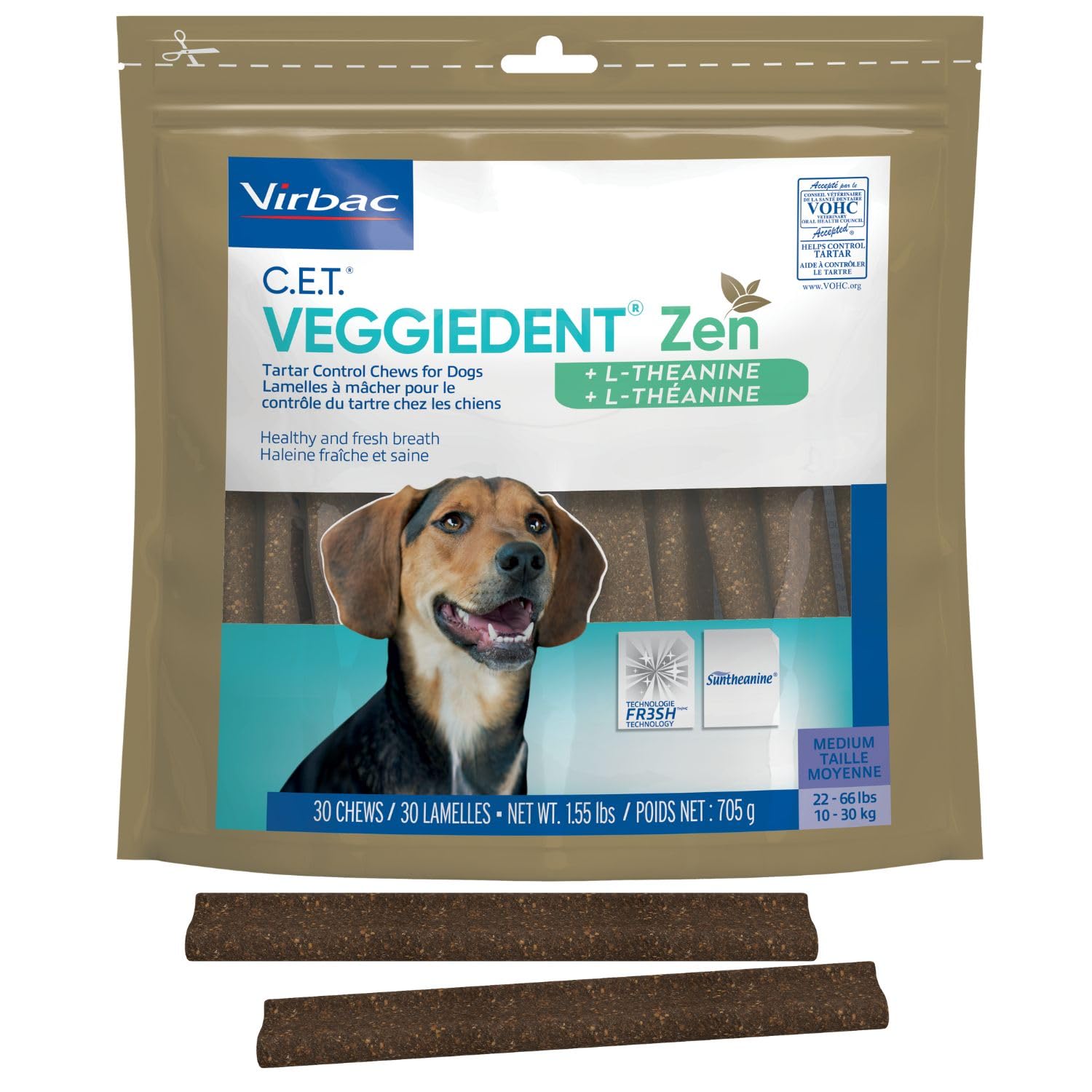 Virbac C.E.T. VeggieDent Zen front teeth cleaning chew for dogs reduces tartar.