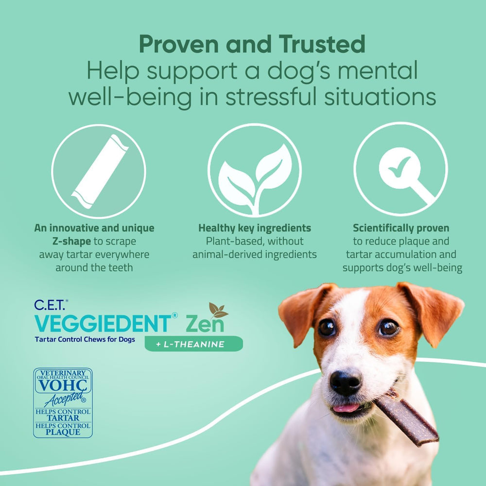 Virbac C.E.T. VeggieDent Zen with L-Theanine promotes relaxed mood during stressful moments.