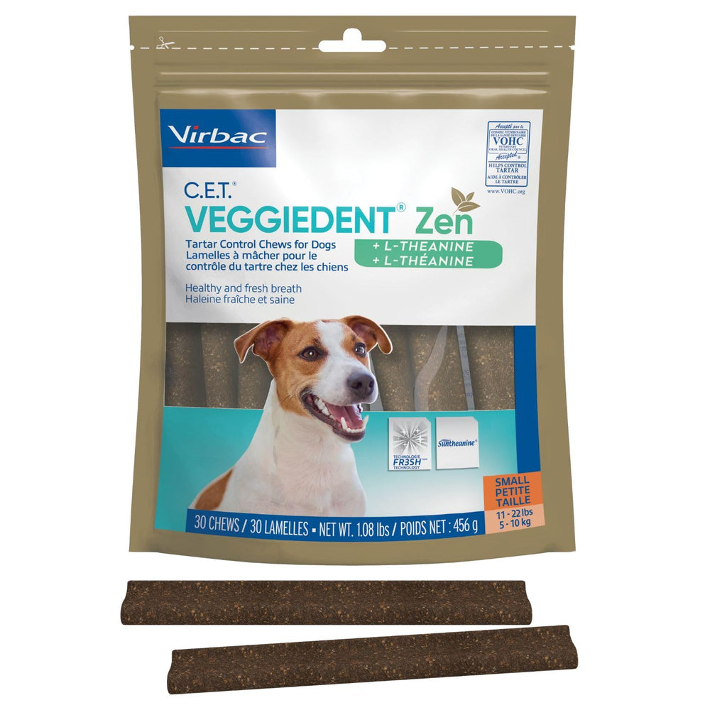 Virbac VeggieDent Zen small dog bag front view highlighting tartar control chews.