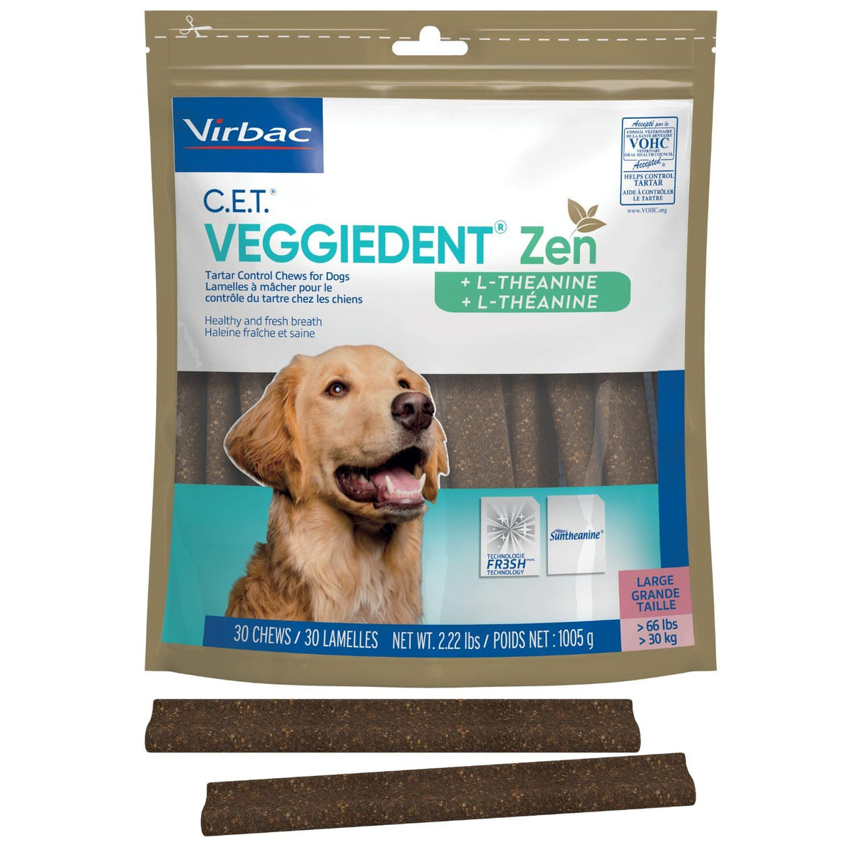 Virbac VeggieDent Zen large-dog bag promotes tartar control and fresh breath.