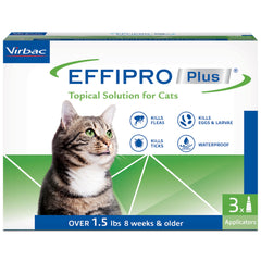 Virbac EFFIPRO Plus bottle for on-cat topical treatment that targets fleas and ticks.