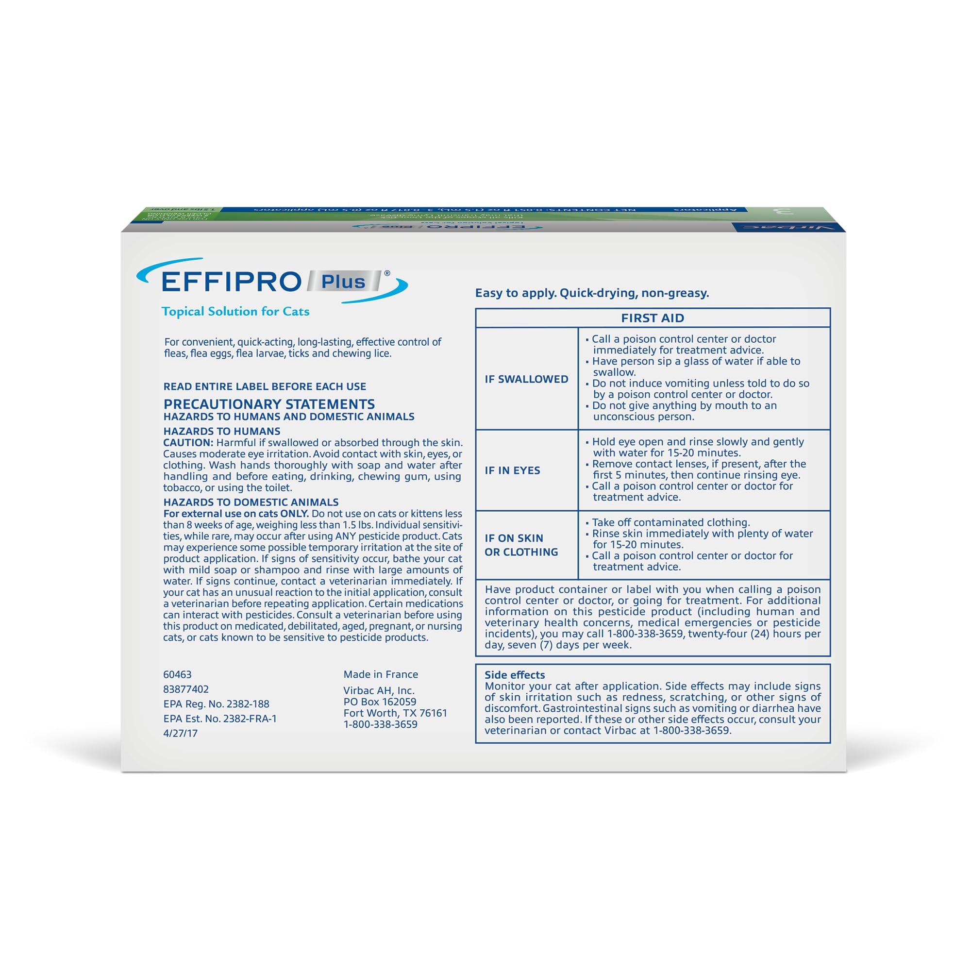 Virbac EFFIPRO Plus box packaging highlighting non-expiring, three-month supply information.