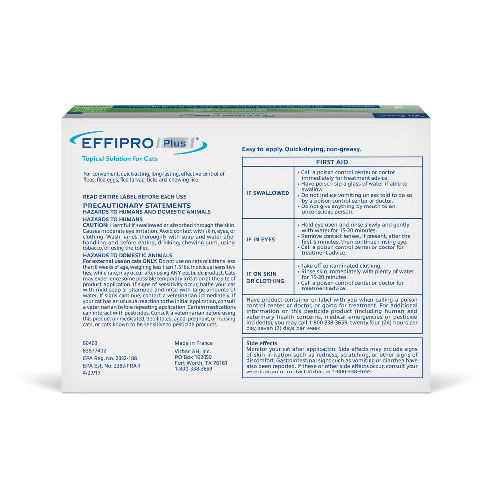 Virbac EFFIPRO Plus box packaging highlighting non-expiring, three-month supply information.