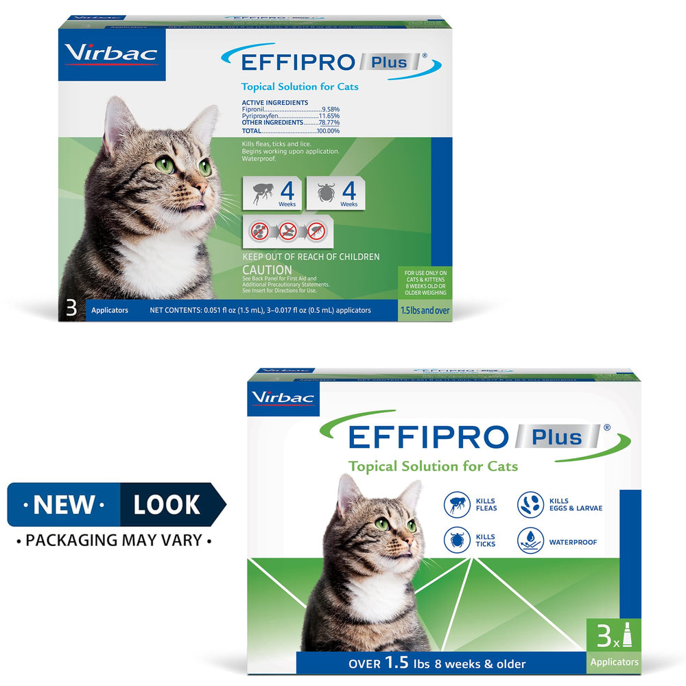 Virbac EFFIPRO Plus label closeup showing active ingredients and usage notes.