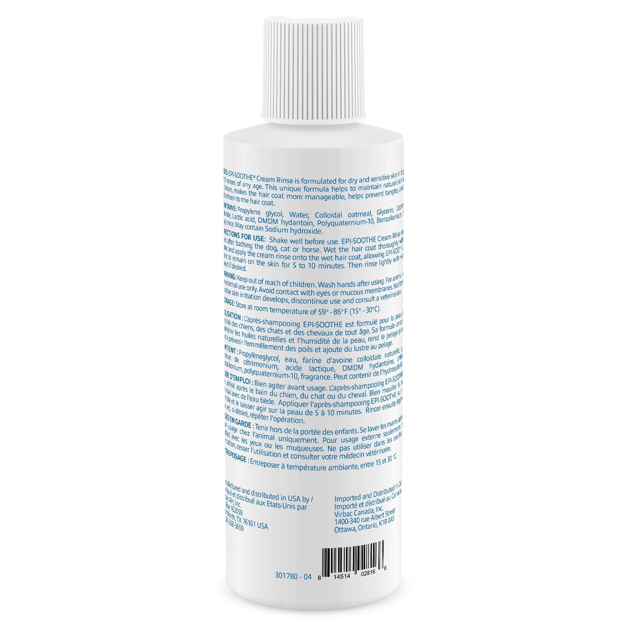 Virbac EPI-SOOTHE Cream Rinse after-bath care supports manageable fur and a pleasant scent.