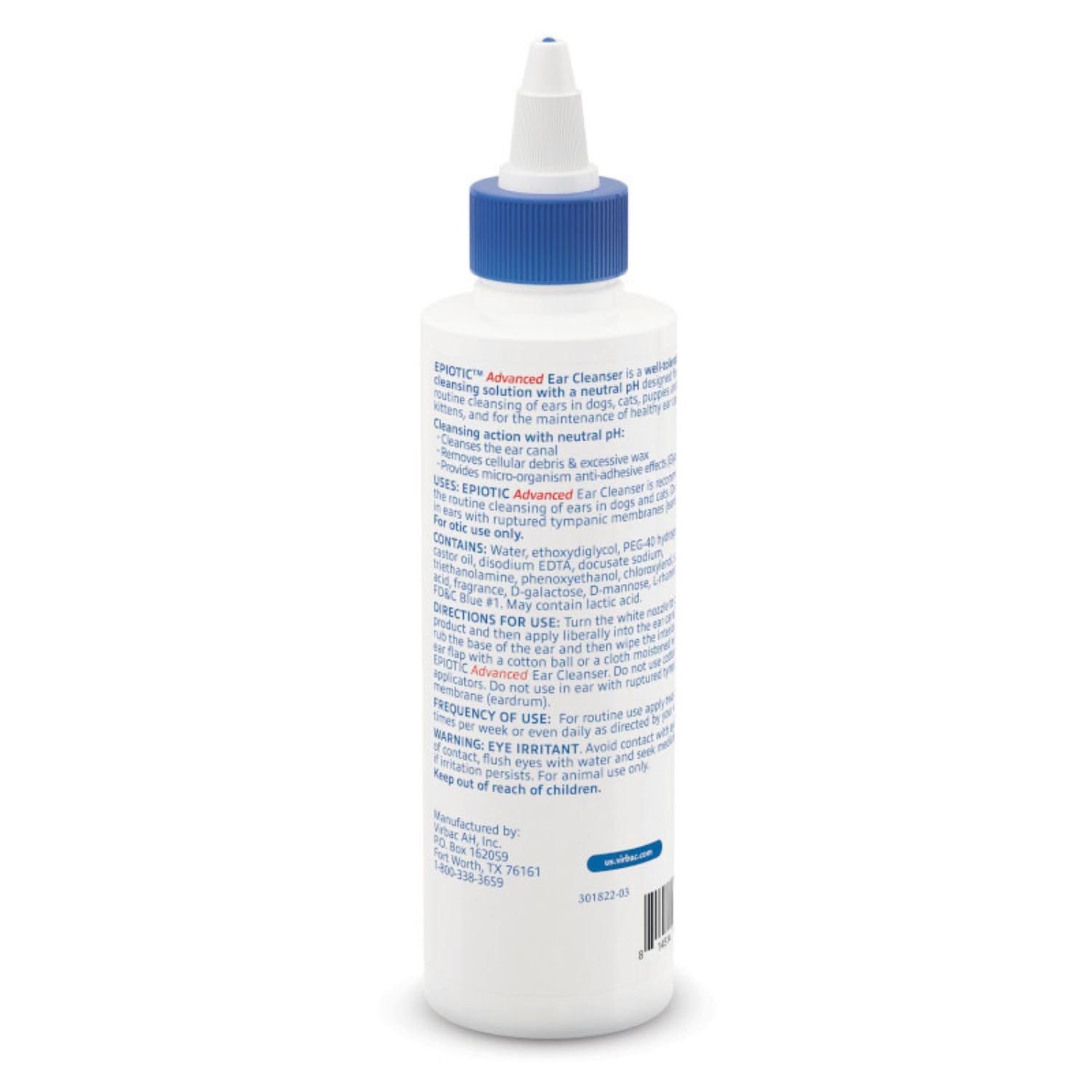 Virbac EPIOTIC Advanced Ear Cleanser packaging: convenient 8 oz bottle for home use