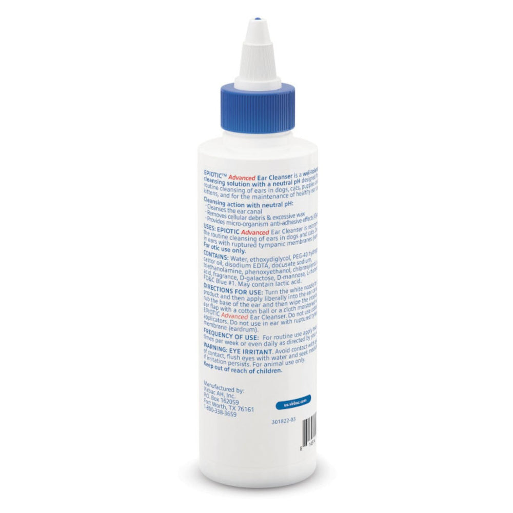 Virbac EPIOTIC Advanced Ear Cleanser packaging: convenient 8 oz bottle for home use