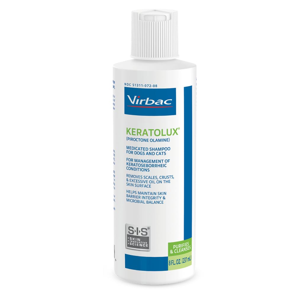 Virbac KERATOLUX bottle pouring to balance oily skin and odor.