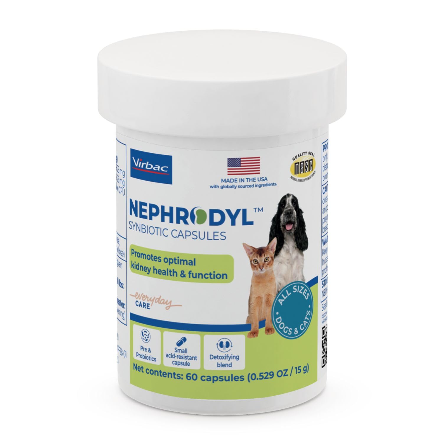 Virbac NEPHRODYL synbiotic capsules bottle labeled for kidney support.