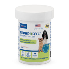 Virbac NEPHRODYL synbiotic capsules bottle labeled for kidney support.
