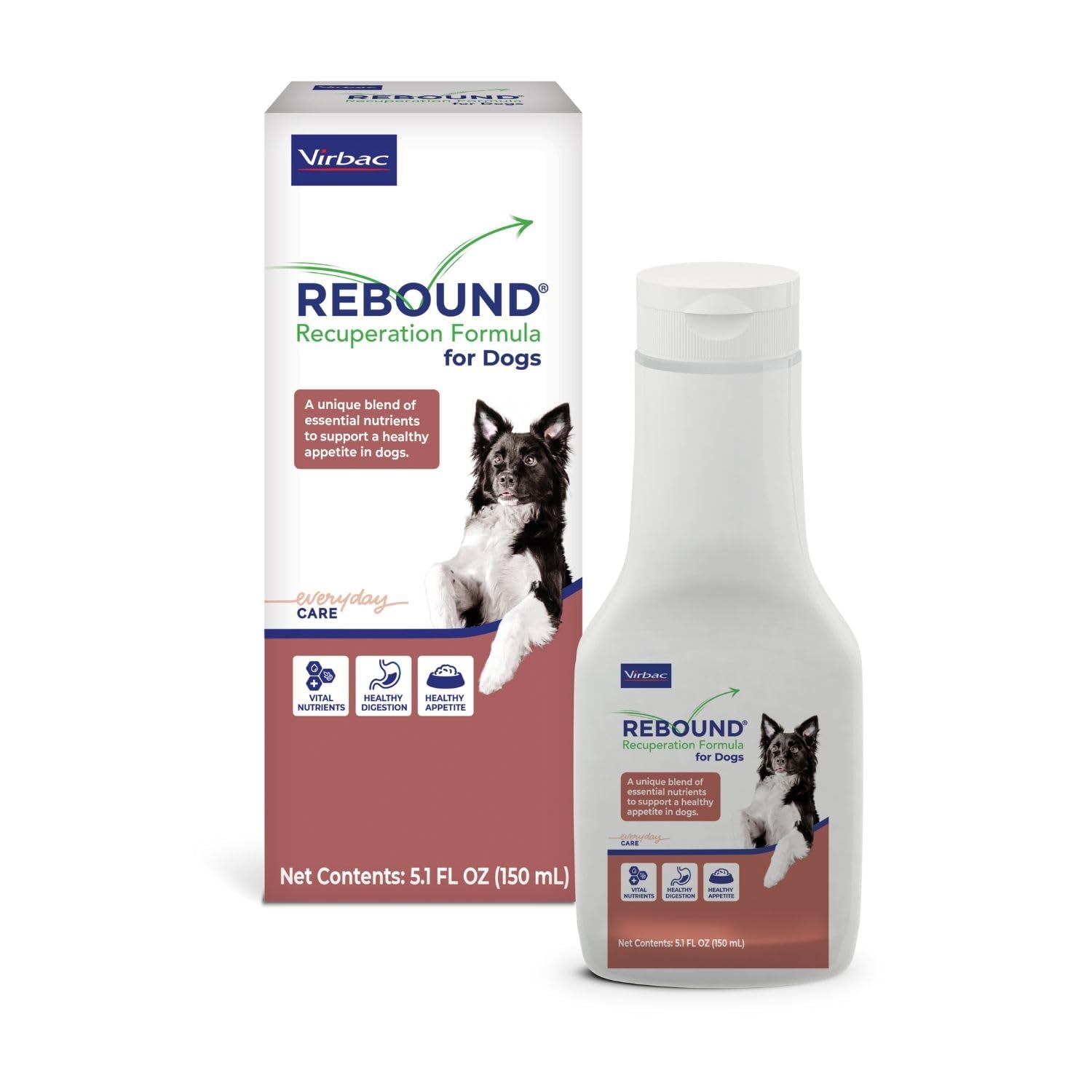 Virbac REBOUND bottle pour showing hydration support for recovery