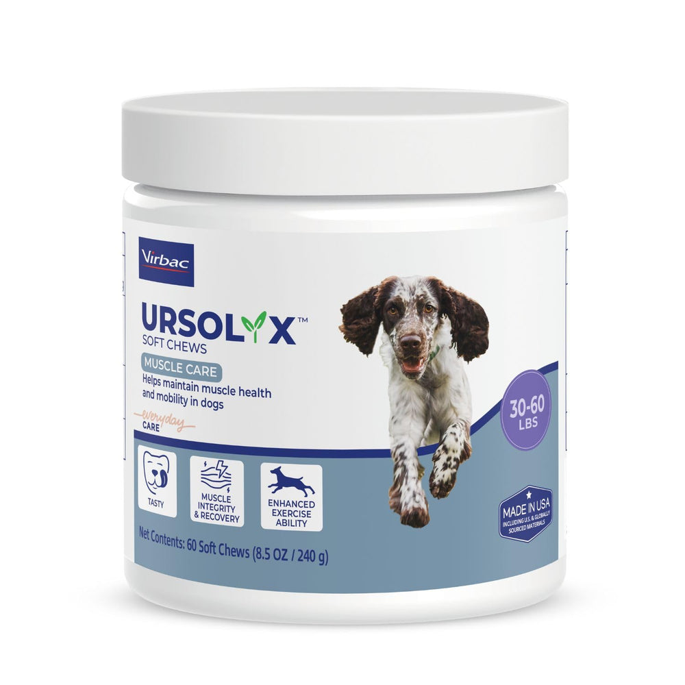 Virbac URSOLYX Soft Chews bottle supporting senior dogs' muscle health.