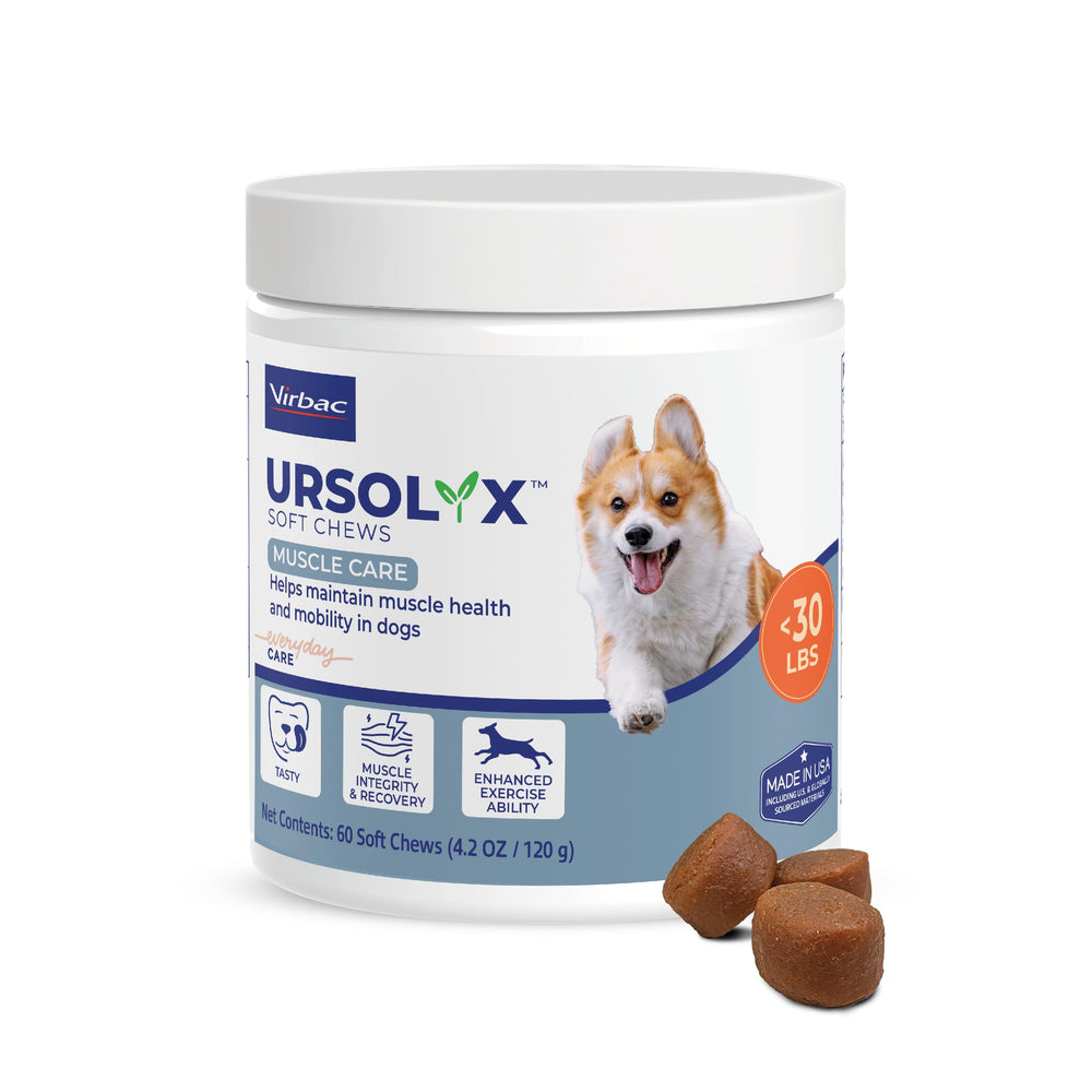 Virbac URSOLYX Soft Chews dog bottle, easy daily dosing for muscle support.