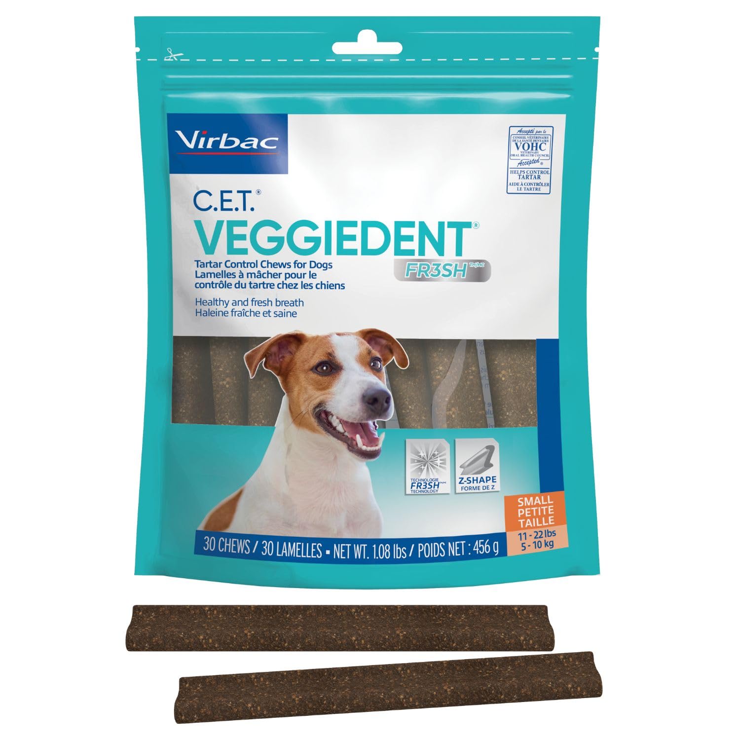 Virbac VeggieDent FR3SH bag with 30 chews for easy daily dental care.
