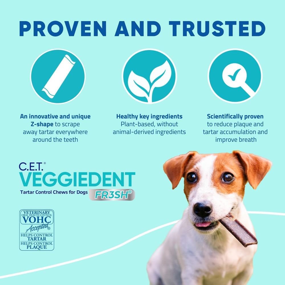 Virbac VeggieDent FR3SH chew includes a prebiotic for digestion balance.