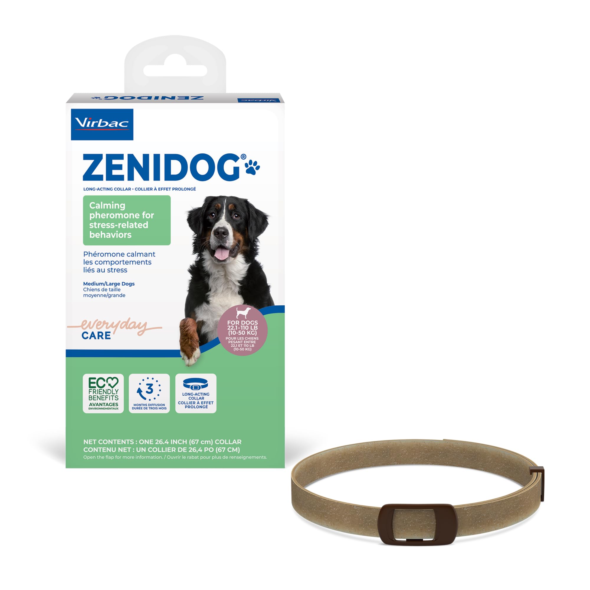 Virbac ZENIDOG collar packaging shown; convenient stress relief for dogs.