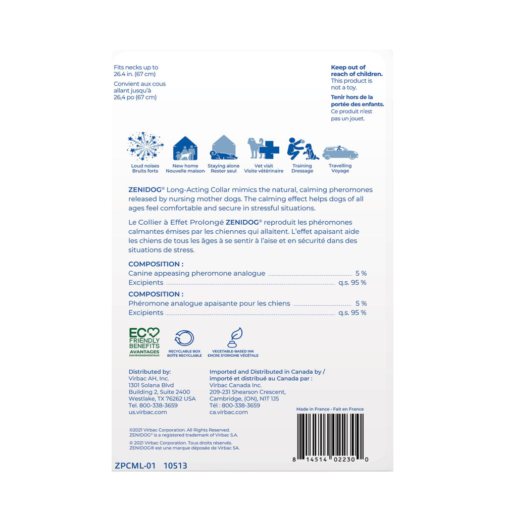 Virbac ZENIDOG two-size range shown to fit puppies and large dogs comfortably.