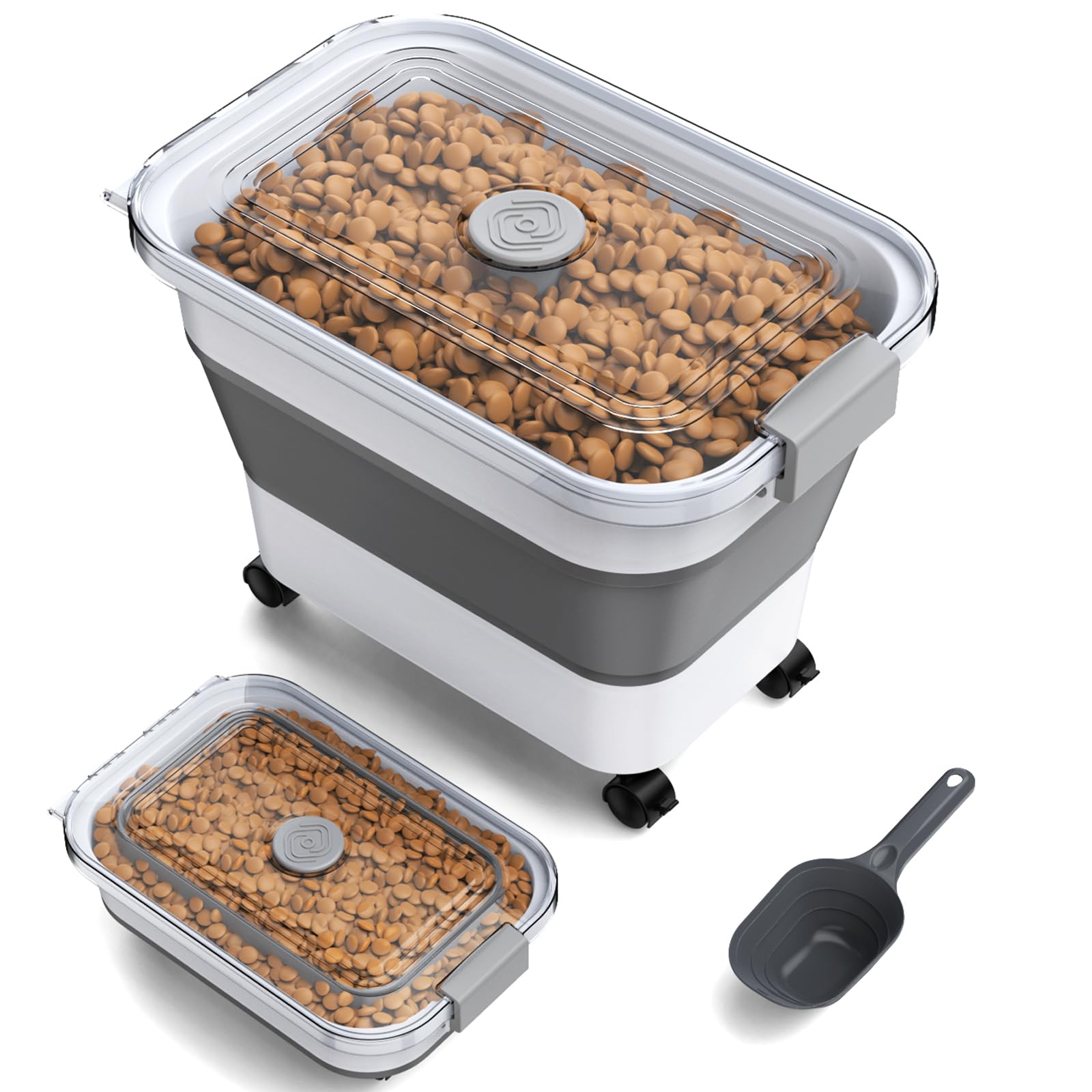 Viretec dog food container with transparent lid shows remaining food clearly.