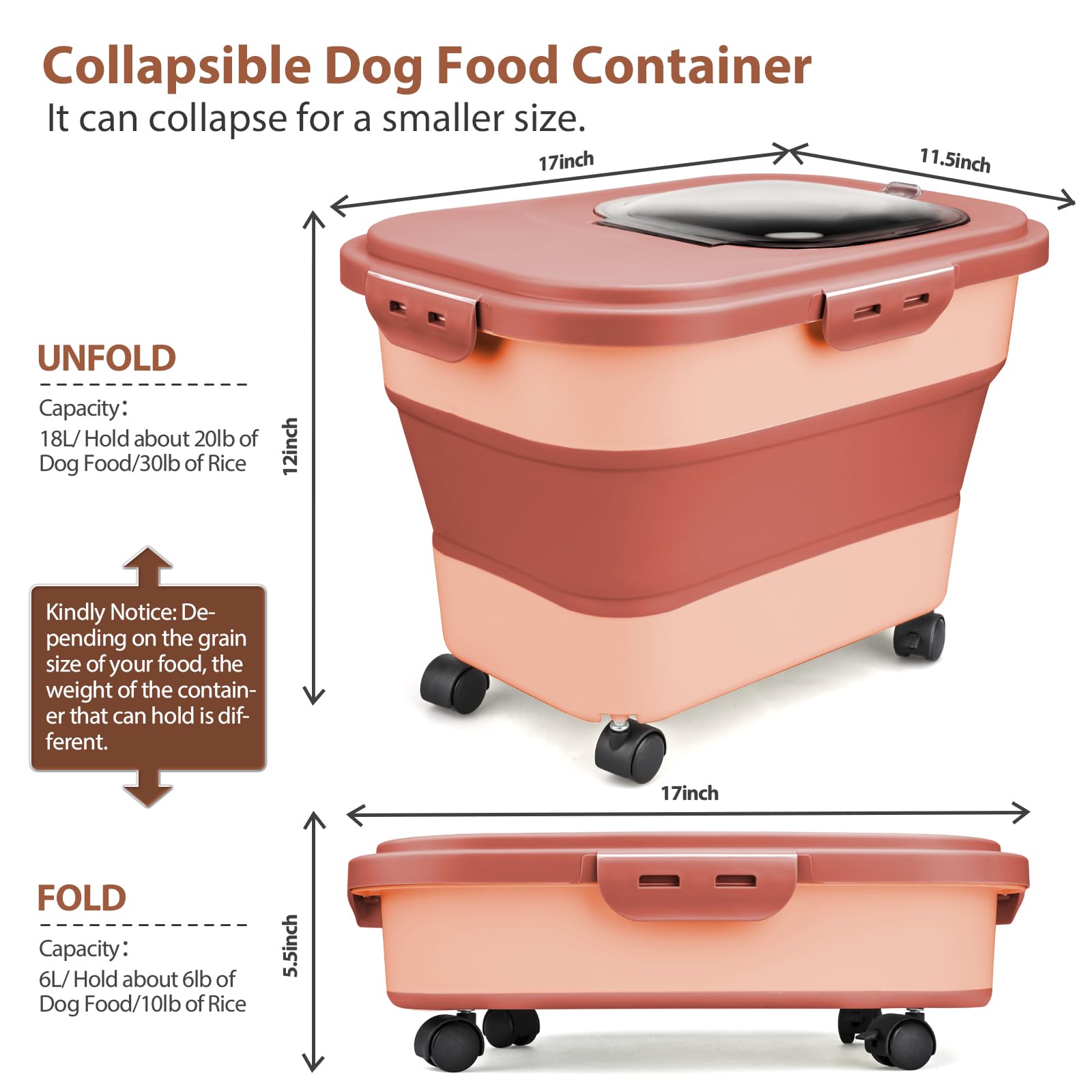 Viretec dog food container with wheels on and off for flexible movement