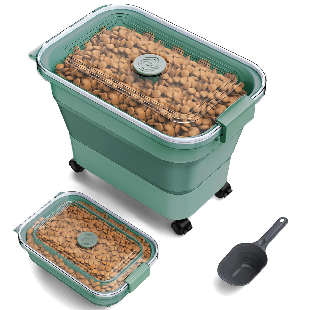 Viretec dog food storage container with transparent lid showing remaining kibble for quick refills