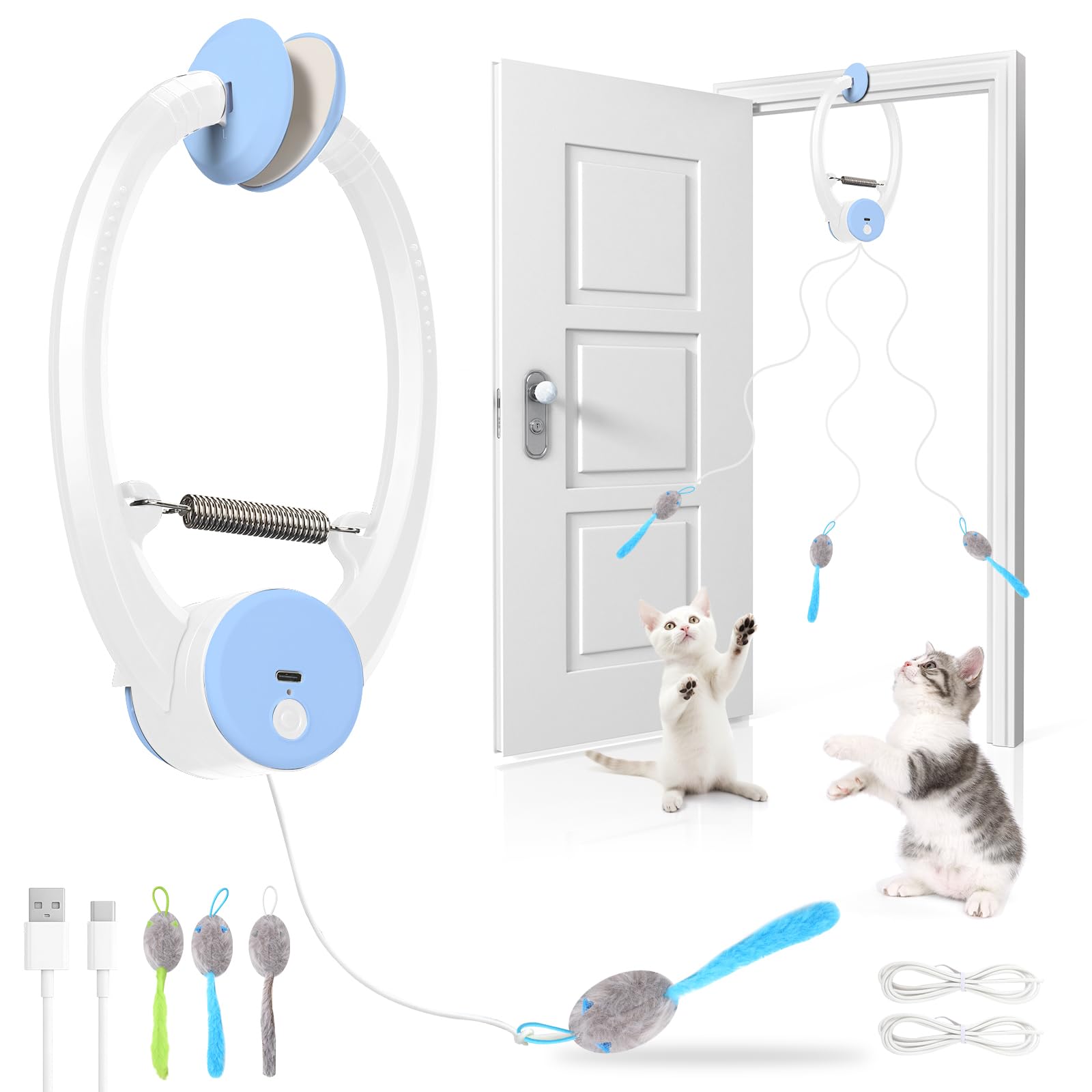Virgooer interactive cat toy hanging from a door frame to entertain indoor cats.