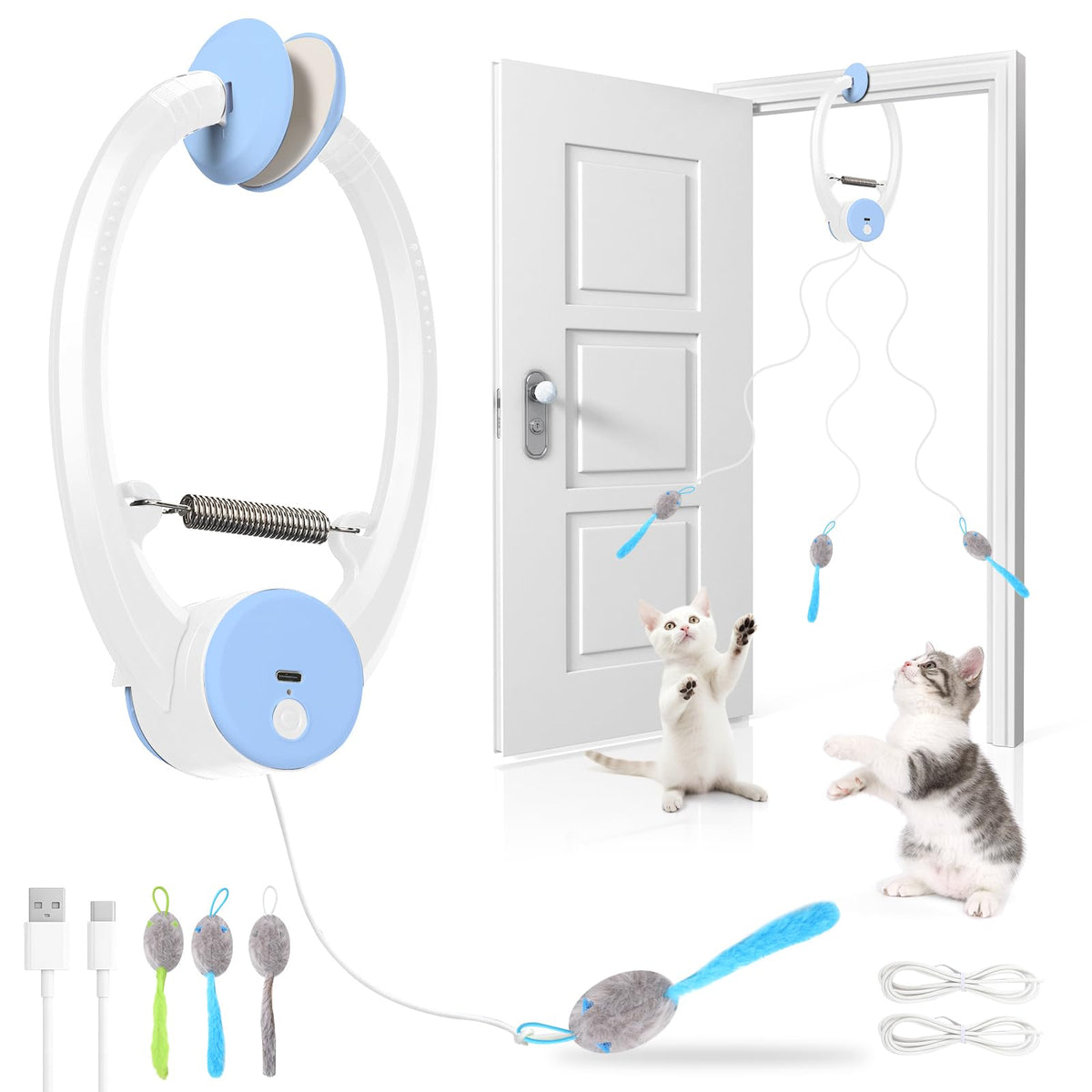 Virgooer interactive cat toy hanging from a door frame to entertain indoor cats.